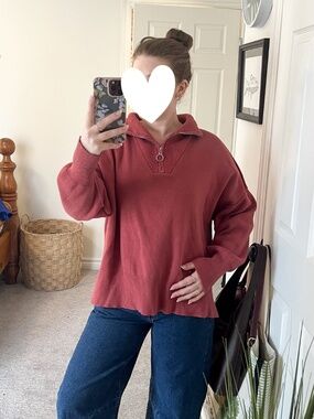 Rust Orange Oversized Knit Sweater Quarter Zip Chunky Cozy Pullover Women